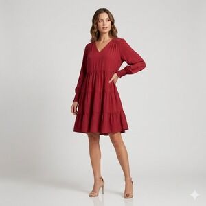 J Jill Womens Size Medium Red Tiered Babydoll Mini Dress Long Sleeve V-Neck Boho